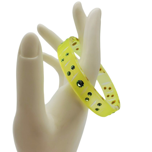 Lime Green Acrylic Bangle Neon Matte Green Rhinestone Bracelet Crystal Plastic - Picture 5 of 7